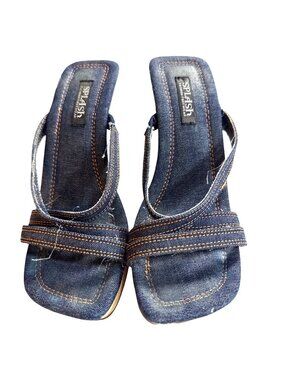 Vintage Splash Chunky Denim Heels With Clear Acrylic Block Heel & Wood Sole Y2K